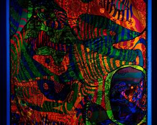 Shown under a blacklight, overprint of "Pipe Dreams" by East Totem West and "The Eternal Now" copyright 1968 by Celestial Arts No.7, screen-printed blacklight poster