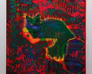 Overprint of "Cheshire Cat" East Totem West and "The Eternal Now" copyright 1969 Celestial Arts No. 3, part of "The Overprints" made in the late 1960s/early 1970s by Joe McHugh, Nick Nickolds, and Sätty, screen-printed blacklight posters