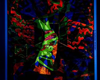 Shown under a blacklight Overprint of "White Rabbit" by East Totem West, and "Under Construction Co." copyright 1968 by Celestial Arts No. 8, part of "The Overprints" made in the late 1960s/early 1970s by Joe McHugh, Nick Nickolds, and Sätty, screen-printed blacklight posters