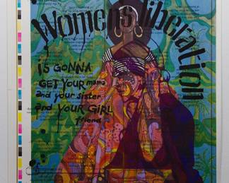 Overprint of "I am Beautiful" copyright 1971 by Celestial Arts, CA98, part of "The Overprints" made in the late 1960's/early 1970s by Joe McHugh, Nick Nickolds, and Sätty, screen-printed blacklight posters, reads "Women's liberation is gonna get your mama and your sister and your girlfriend."
