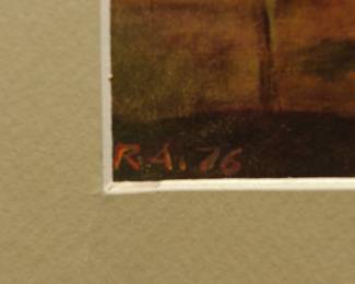 Signature detail of Robert Amft print of Jean-Baptiste-Siméon Chardin's "Still Life with Apples, Pears, and a White Mug" with Donald Duck