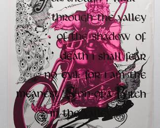 Overprint of "Chopped Hog" and black and white "Yea, though I walk through the valley of the shadow of death I shall fear no evil: for I am the meanest Son-of-a-Bitch in the valley" copyright 1970 by Celestial Arts CA605, screen-printed blacklight poster, part of "The Overprints" made in the late 1960's/early 1970s by Joe McHugh, Nick Nickolds, and Sätty