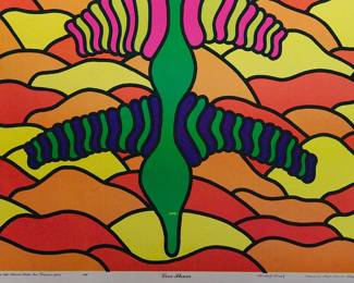 Detail of overprint of "Love Flower" copyright 1969 by Celestial Arts, CA38, screen-printed blacklight poster, part of "The Overprints" made in the late 1960's/early 1970s by Joe McHugh, Nick Nickolds, and Sätty