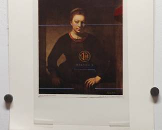 Robert Amft print, a satire of Rembrandt's "Young Woman at an Open Half-Door" with a 1st Prize stamp and Windows 2 loading logo painted into it, from the Art Institute of Chicago, signed RA '77 at bottom right