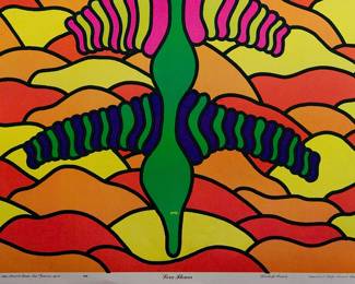 Detail of another copy of overprint of "Love Flower" copyright 1969 by Celestial Arts, CA38, screen-printed blacklight poster, part of "The Overprints" made in the late 1960's/early 1970s by Joe McHugh, Nick Nickolds, and Sätty