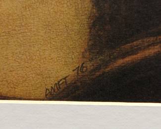 Detail of original Robert Amft print of Leonardo Da Vinci's Mona Lisa wearing spectacles, c. 1976