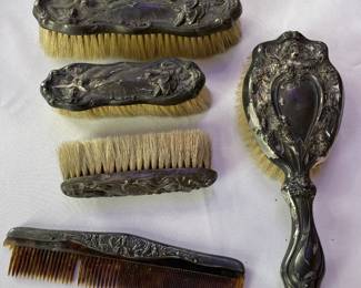 Antique sterling silver Art Nouveau hairbrushes and comb