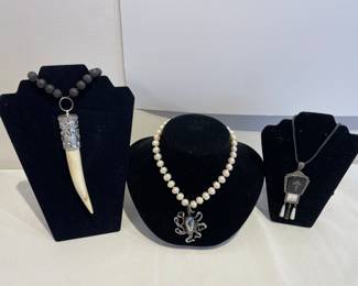 Lava stone beaded necklace with a horn + sterling silver pendant, pearl beaded necklace with a sterling silver octopus pendant, and a large sterling silver Fleur de Lis pendant, Alt, Goth, Punk, Grunge necklaces