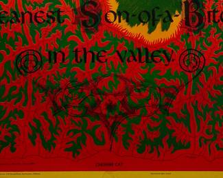 Detail of another print of overprint of "Cheshire Cat" East Totem West and "Yea, though I walk through the valley of the shadow of death I shall fear no evil: for I am the meanest Son-of-a-Bitch in the valley" copyright 1970 by Celestial Arts, CA 605," copyright 1970 by Celestial Arts CA605, part of "The Overprints" made in the late 1960s/early 1970s by Joe McHugh, Nick Nickolds, and Sätty, screen-printed blacklight posters