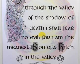 Overprint of "Nothing is worth more than this day" copyright 1970 by Celestial Arts, CA77 and "Yea, though I walk through the valley of the shadow of death I shall fear no evil: for I am the meanest Son-of-a-Bitch in the valley" copyright 1970 by Celestial Arts CA 605," copyright 1970 by Celestial Arts CA605, part of "The Overprints" made in the late 1960s/early 1970s by Joe McHugh, Nick Nickolds, and Sätty, screen-printed blacklight posters