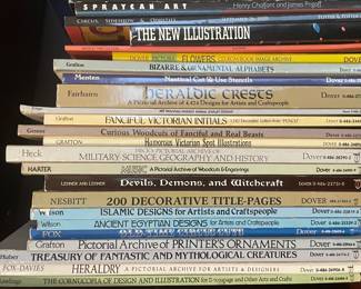 Book collection including: "Spraycan Art", "Circus Sideshow, and Oddities", "The New Illustration", "Mexico: The Culture", ""Flowers", "Bizarre & Ornamental Alphabets", "Nautical Cut & Use Stencils", "Heraldic Crests", "Art Nouveau Fantasy Animal Jewelry Designs", "Fanciful Victorian Initials", "Curious Woodcuts of Fanciful and Real Beasts", "Humorous Victorian Spot Illustrations", "Heck's Pictorial Archive of Military Science, Geography, and History", "Music: A Pictorial Archive of Woodcuts & Engravings", "Devils, Demons, and Witchcraft", "200 Decorative Title Pages", "Islamic Designs for Artists and Craftspeople", "Ancient Egyptian Designs for Artists and Craftspeople", "Old Time Circus Cuts", "Pictorial Archive of Printer's Ornaments", "Treasury of Fantastic and Mythological Creatures", "Heraldry: A Pictorial Archive for Artists and Designers", "The Cornucopia of Design and Illustration for Decoupage and Other Arts and Crafts"