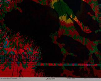 Detail of overprint of "Cheshire Cat" East Totem West and "Mother Earth" copyright 1969 by Celestial Arts CA23, part of "The Overprints" made in the late 1960s/early 1970s by Joe McHugh, Nick Nickolds, and Sätty, screen-printed blacklight posters