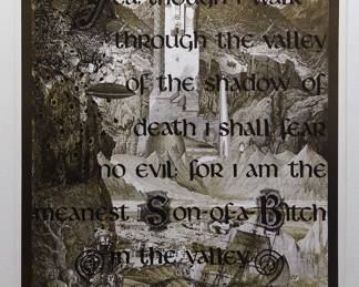 Overprint of "Moment" copyright 1969 Celestial Arts CA59 and "Yea, though I walk through the valley of the shadow of death I shall fear no evil: for I am the meanest Son-of-a-Bitch in the valley" copyright 1970 by Celestial Arts CA 605, screen-printed blacklight poster, part of "The Overprints" made in the late 1960's/early 1970s by Joe McHugh, Nick Nickolds, and Sätty