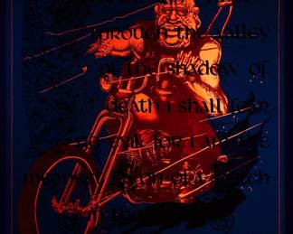 Shown under a blacklight, Overprint of "Chopped Hog" and black and white "Yea, though I walk through the valley of the shadow of death I shall fear no evil: for I am the meanest Son-of-a-Bitch in the valley" copyright 1970 by Celestial Arts, CA605, screen-printed blacklight poster, part of "The Overprints" made in the late 1960's/early 1970s by Joe McHugh, Nick Nickolds, and Sätty