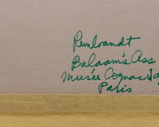 Back title detail of Robert Amft print "Balaam's Ass", c.1979, a satire of Rembrandt's "Balaam and the Donkey" at Museé Cognacq-Jay, Paris, signed RA '79 at top right