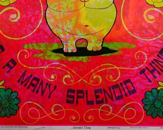 Detail of overprint of "...Splendid Thing" copyright 1969 by Celestial Arts, CA46 and "Chesire Cat" East Totem West, part of "The Overprints" made in the late 1960s/early 1970s by Joe McHugh, Nick Nickolds, and Sätty, screen-printed blacklight posters