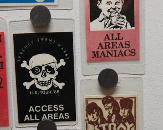 Terence Trent D'Arby, US Tour '88, Access All Areas Pass, All Areas Maniacs pass, and Stray Cats Backstage pass, detail of collection of 1980s/1990s backstage concert passes
