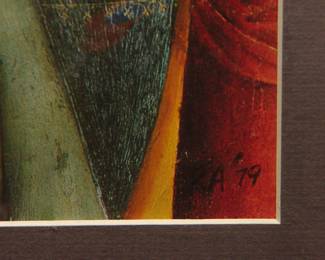 Signature detail of Robert Amft print of detail of Da Vinci's"Sistine Chapel" ceiling, two angels smoking cigarettes