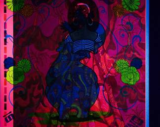 Shown under a blacklight, overprint of "...Splendid Thing", copyright 1969 by Celestial Arts, CA46 and "I am Beautiful" copyright 1971 by Celestial Arts, CA98, part of "The Overprints" made in the late 1960's/early 1970s by Joe McHugh, Nick Nickolds, and Sätty, screen-printed blacklight posters