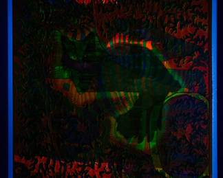 Shown under a blacklight, overprint of "Cheshire Cat" East Totem West and "The Eternal Now" copyright 1968 by Celestial Arts No. 3, part of "The Overprints" made in the late 1960s/early 1970s by Joe McHugh, Nick Nickolds, and Sätty, screen-printed blacklight posters