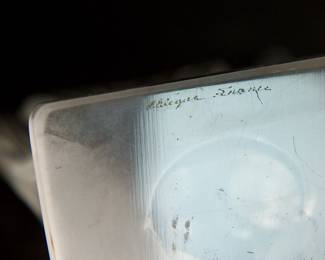 Signature detail of Lalique Hirondelles Swallow paperweight/bookend, made in France