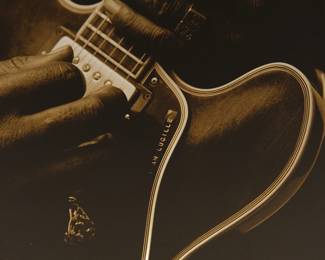 Guitar detail, Signed Peter Amft black + white silver gelatin photograph, BB King '69, another image of "I am Lucille" guitar, Peter Amft Photography Chicago, Numbered edition 2/100