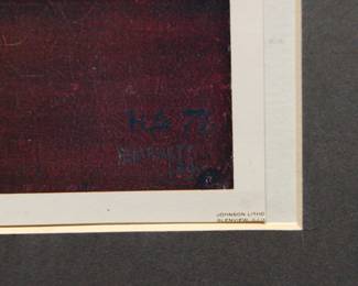 Bottom right of Robert Amft lithograph print of William Michael Harnett's "Just Dessert" featuring a pack of cigarettes, signed RA '76 at bottom right, from the The Art Institute of Chicago