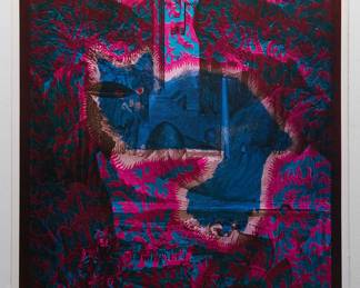 Overprint of "Cheshire Cat" East Totem West and "Moment" copyright 1969 by Celestial Arts CA50, part of "The Overprints" made in the late 1960s/early 1970s by Joe McHugh, Nick Nickolds, and Sätty, screen-printed blacklight posters