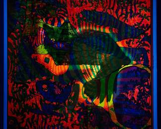 Shown under a blacklight, Overprint of "Cheshire Cat" East Totem West and "The Eternal Now" copyright 1969 Celestial Arts No. 3, part of "The Overprints" made in the late 1960s/early 1970s by Joe McHugh, Nick Nickolds, and Sätty, screen-printed blacklight posters