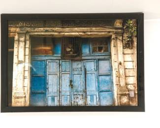 Framed original art, color photograph of a blue door