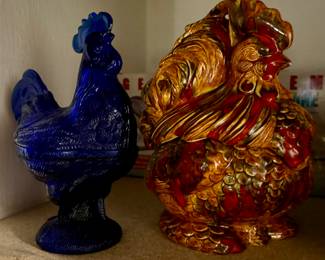 Glass and ceramic hen and rooster