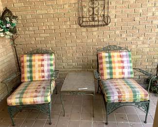 #59	2 Wrought Iron  side chairs w/side Table (cushions as is) - Table 18x24x17	 $150.00 			
