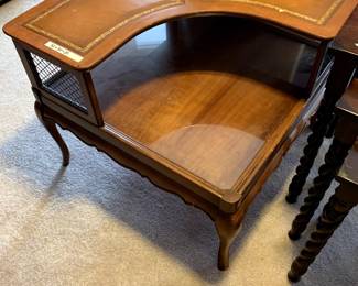 #37	Wood Corner Step End Table w/leather top w/glass protect on bottom Shelf w/q/a Legs - 30x30x24	 $75.00 			
