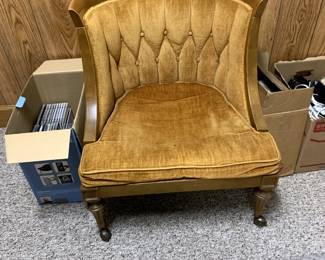 #70	Vintage Button Back Wood Side Chair on Wheels ( as is cushion)	 $30.00 			
