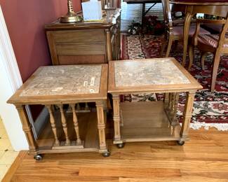#20	Wood Square End Tables w/marble top on Wheels  - 19x19x17 - sold as a set	 $100.00 			
