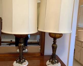 #12	Marble Base w/Amber Glass Globe & Brass Lamp - 31" Tall - sold as a pair	 $100.00 			
