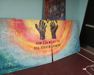 Folk Art Plywood Pieces from windows of Triad Stage