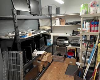 Several flat screen televisions with built in DVD players, printers etc