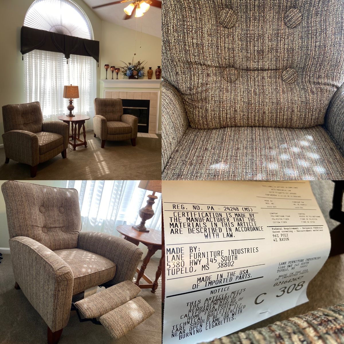 Pair Petite Upholstered Lane Furniture Tufted Recliners