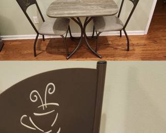 Cramco Bistro Table & Pair Chairs with Coffee Cup Cutout on Back
