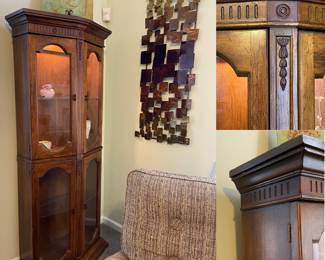 Vintage Lighted Wood with Glass Shelves Curio Cabinet