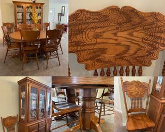 Double Pedestal Oval Oak Dining Table with 2 Leaves, Set 8 Oak Pressed Back Chairs & Matching Oak Lighted China Cabinet