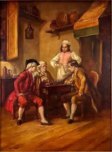 Petro "Chess Game in the Tavern" Oil on Artist Board Painting
