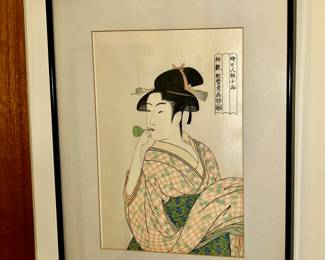 Utamaro wood block print, "Woman with Popen" (glass noisemaker)