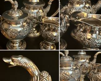 MAJESTIC TEA SERVICE in solid sterling silver!  Enormous and heavy!  England late 1800s…photos cannot do this set justice!