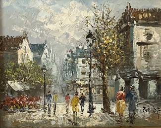 1960s French oil…busy Paris Street by reknowned artist CAROLINE BURNETT