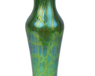 Large Antique Art Nouveau Period Loetz Green Crete Pampas Pattern Art Glass Vase
