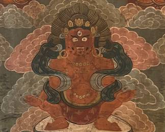 Early 19c Tibetan thangka DHARMAPALA HAYAGRIVA  Rare and stunning framed hand painted silk panel