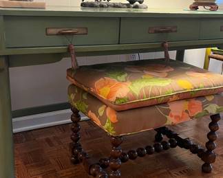 Custom finished green desk hand finished by Stoakley himself!  The knob spindle bench is English circa 1890 in the original MOD 1960s silk.
