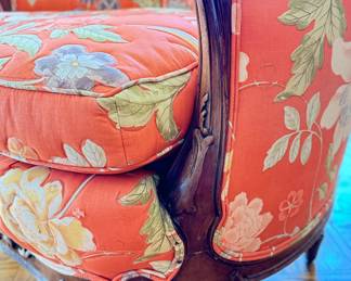 Antique Quilted Floral Upholstered Hand-Carved Victorian Tub Chair. Mahogany Frame & Down-Filled Cushion. Measures 30" W x 31" D. Photo 3 of 4.